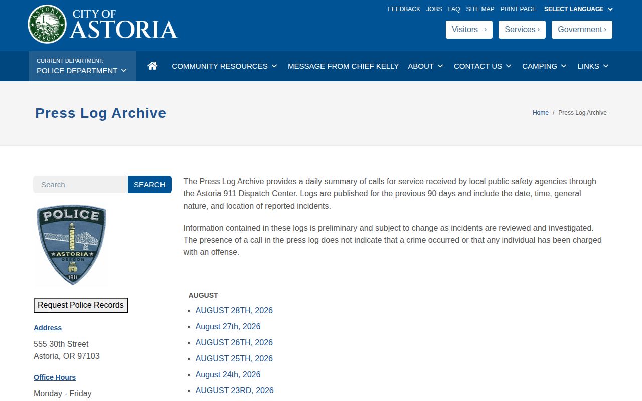 Clatsop County Astoria Police Department press-log archive for arrest-call records