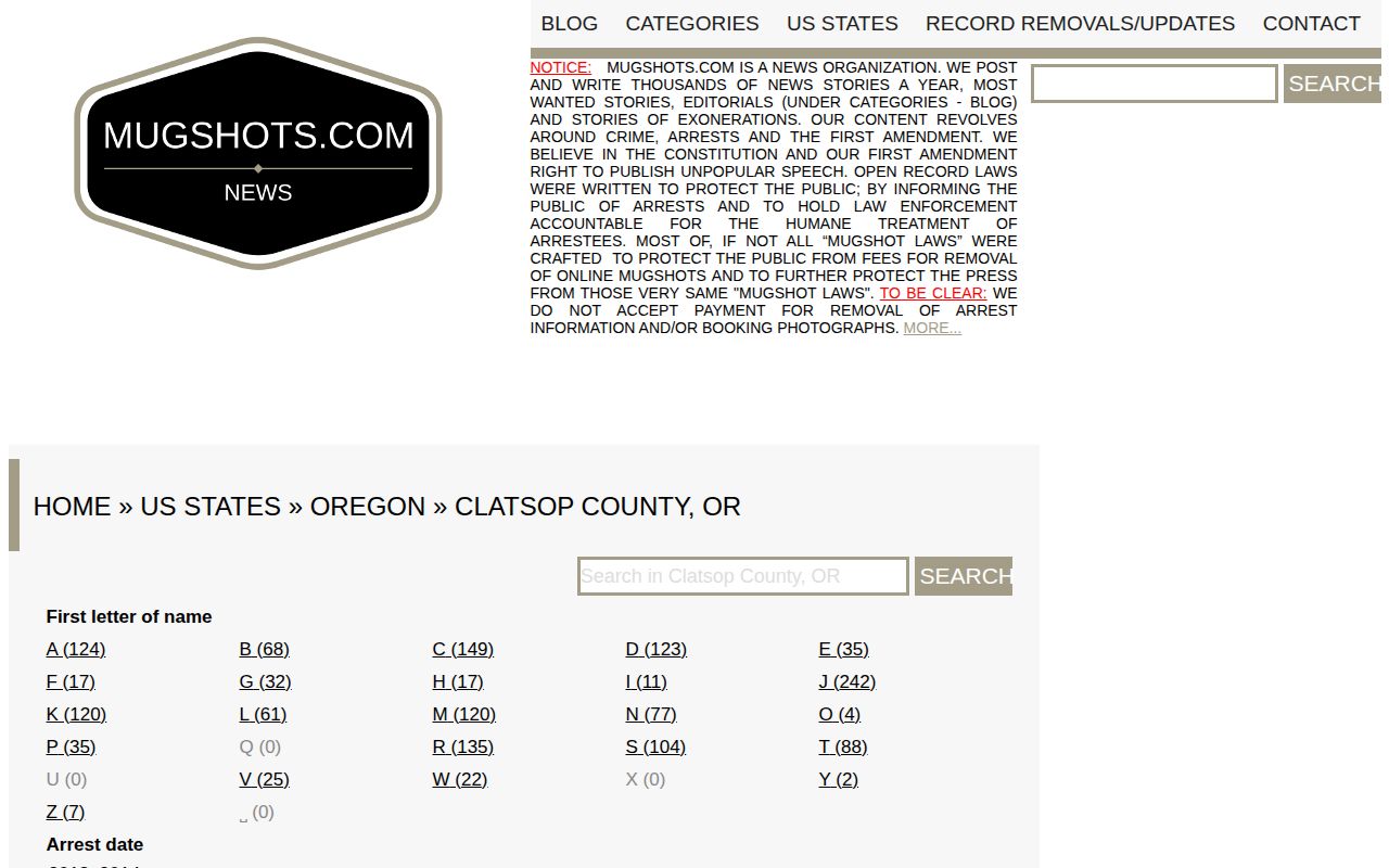 Mugshots.com Clatsop County landing page showing county breadcrumb and alphabetical search controls, an unofficial partial historical source rather than a live official roster