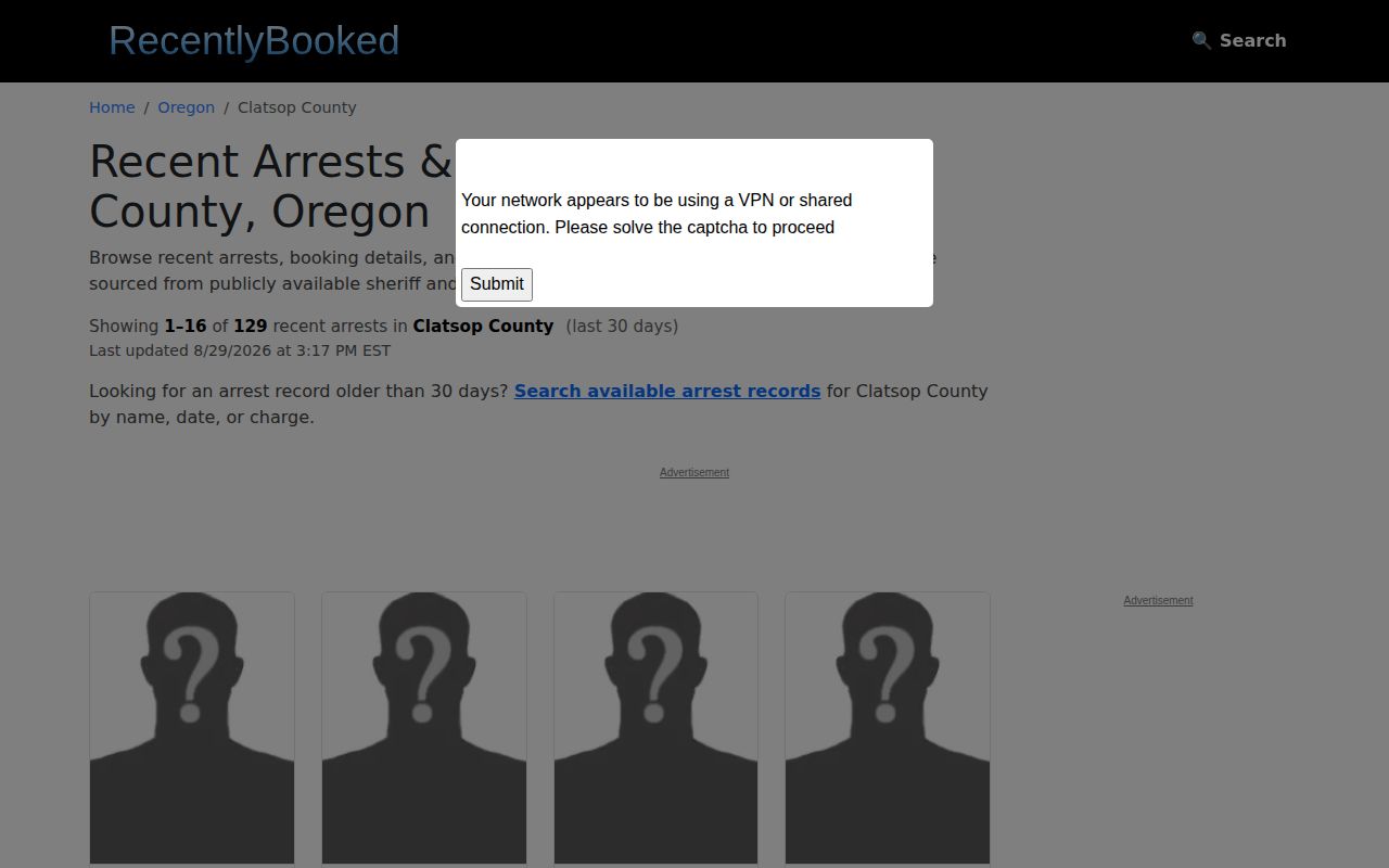 RecentlyBooked Clatsop County landing page showing a site access prompt and silhouette placeholders, an unofficial secondary publisher view rather than an official jail roster
