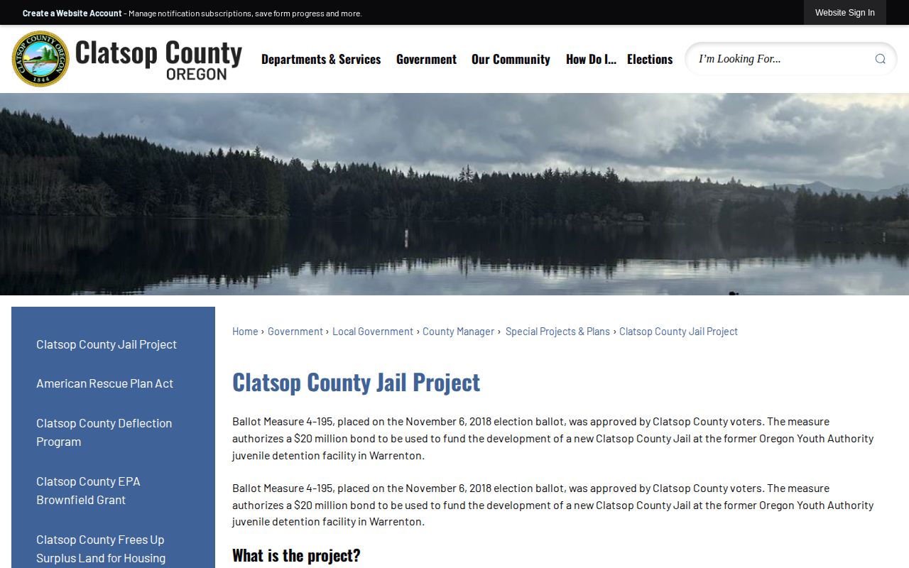 Clatsop County Jail Project official page showing the project heading and county website navigation, used only for historical warrant-planning context